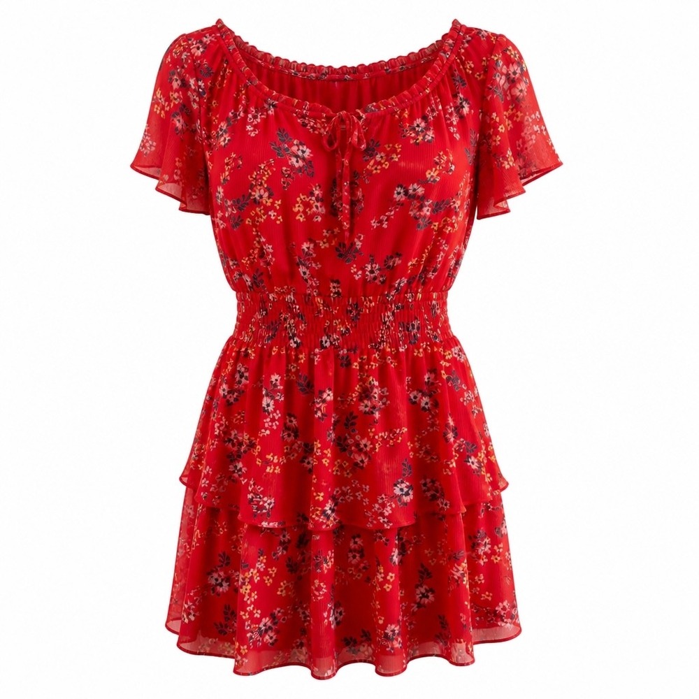 Lauren Conrad LC Red Floral Tiered Chiffon Dress Women's Medium NWT‎